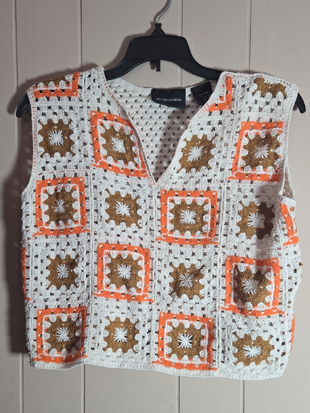 Liv Los Angeles Crochet Granny Square Vest Top Knit Boho Hippie Cotton Medium